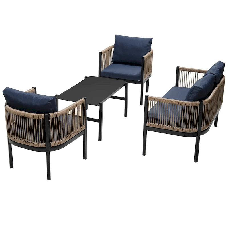 Ensemble de canapé de conversation en fer forgé 4 pièces pour patio extérieur avec table basse en verre trempé