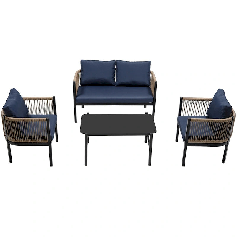 Ensemble de canapé de conversation en fer forgé 4 pièces pour patio extérieur avec table basse en verre trempé
