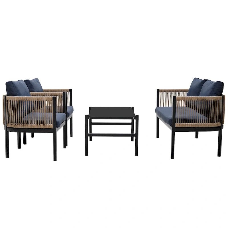Ensemble de canapé de conversation en fer forgé 4 pièces pour patio extérieur avec table basse en verre trempé