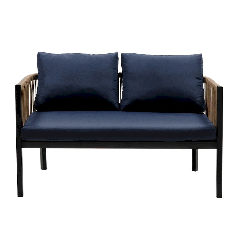 Ensemble de canapé de conversation en fer forgé 4 pièces pour patio extérieur avec table basse en verre trempé