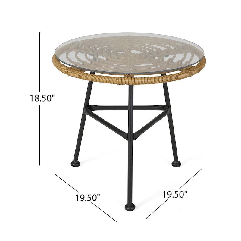 Table d'appoint d'extérieur Tee, 51 cm (20 pouces), tressage en rotin, plateau en verre, structure en acier