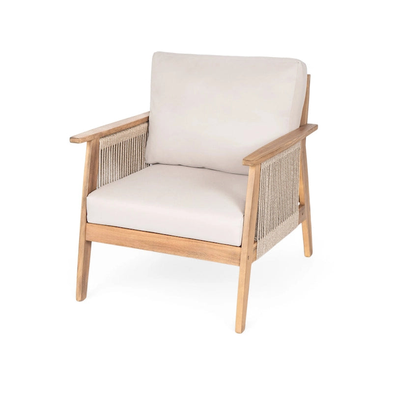 Chaise de patio extérieure en bois d'acacia et corde avec coussins (simple)