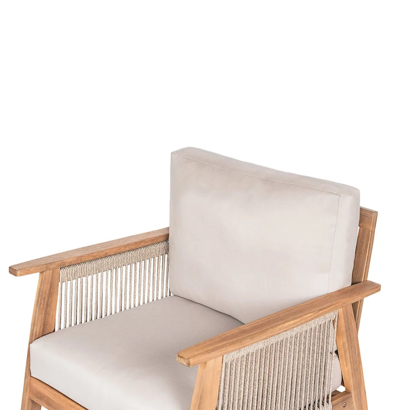 Chaise de patio extérieure en bois d'acacia et corde avec coussins (simple)