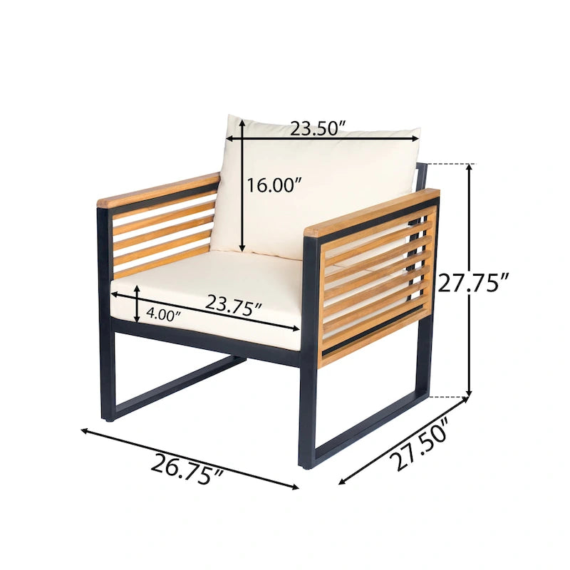 Chaise de patio d'extérieur en bois d'acacia et métal avec coussins (ensemble de 2)