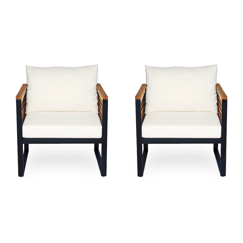 Chaise de patio d'extérieur en bois d'acacia et métal avec coussins (ensemble de 2)