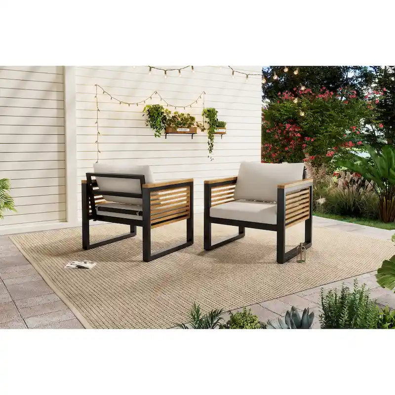 Chaise de patio d'extérieur en bois d'acacia et métal avec coussins (ensemble de 2)