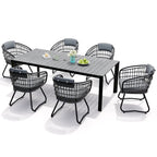 Ensemble repas d'extérieur pour patio : table en aluminium avec trou pour parasol et chaises en rotin