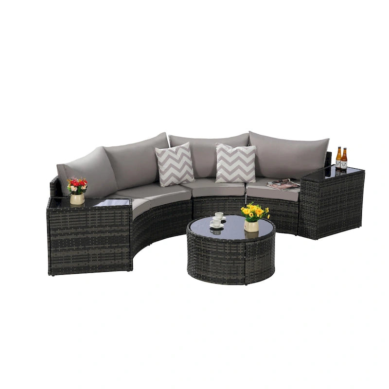 Ensemble de canapé d'angle demi-lune 7 pièces avec table en verre