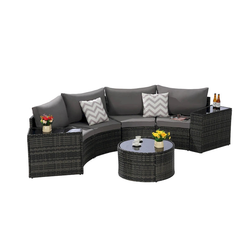 Ensemble de canapé d'angle demi-lune 7 pièces avec table en verre
