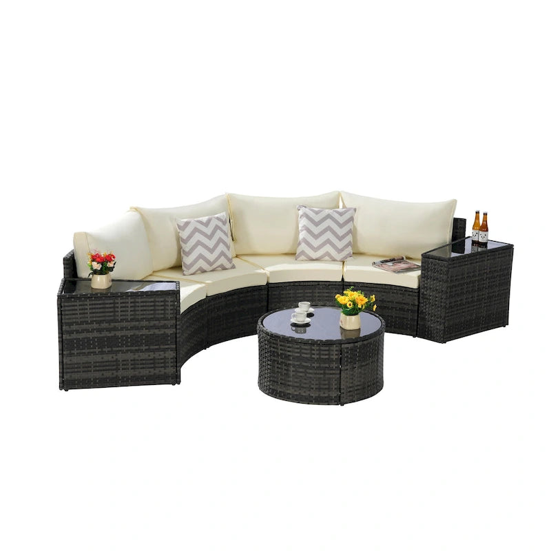 Ensemble de canapé d'angle demi-lune 7 pièces avec table en verre