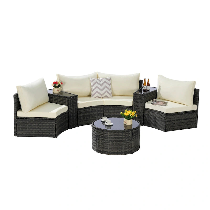 Ensemble de canapé d'angle demi-lune 7 pièces avec table en verre