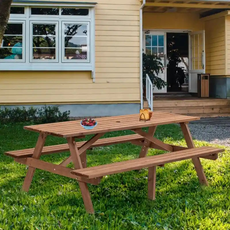 Table de pique-nique extérieure en bois pour 8 personnes avec bancs intégrés, table à manger de camping en plein air