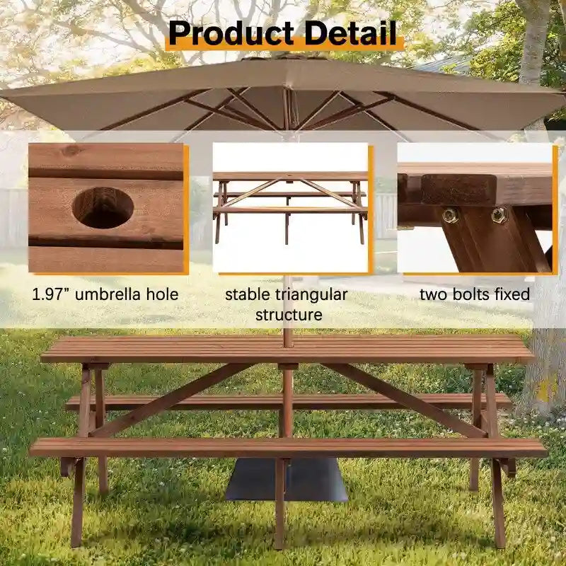 Table de pique-nique extérieure en bois pour 8 personnes avec bancs intégrés, table à manger de camping en plein air