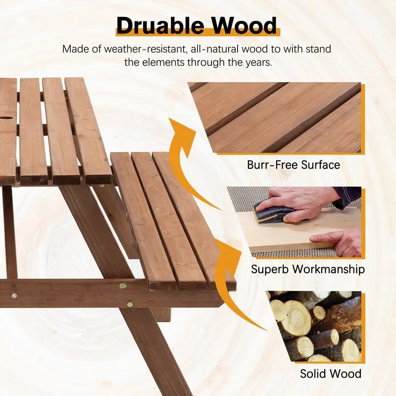 Table de pique-nique extérieure en bois pour 8 personnes avec bancs intégrés, table à manger de camping en plein air