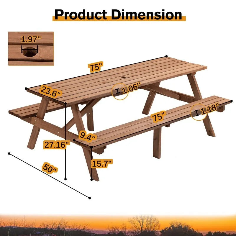 Table de pique-nique extérieure en bois pour 8 personnes avec bancs intégrés, table à manger de camping en plein air