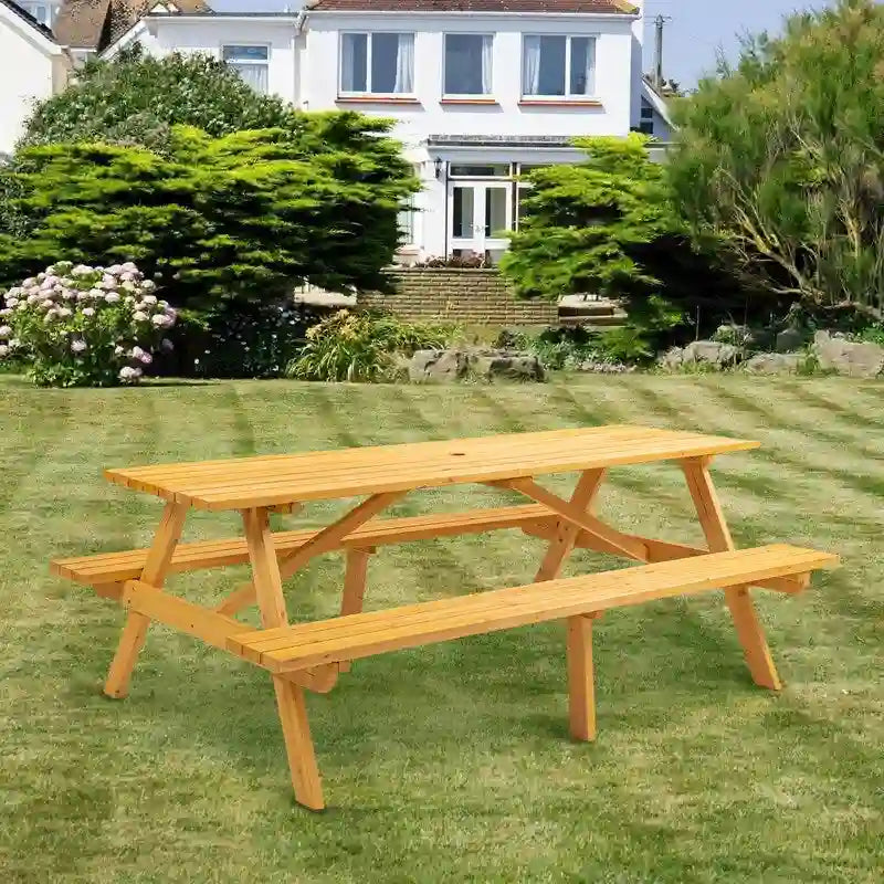 Table de pique-nique extérieure en bois pour 8 personnes avec bancs intégrés, table à manger de camping en plein air