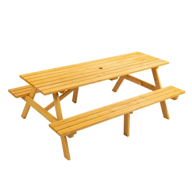 Table de pique-nique extérieure en bois pour 8 personnes avec bancs intégrés, table à manger de camping en plein air