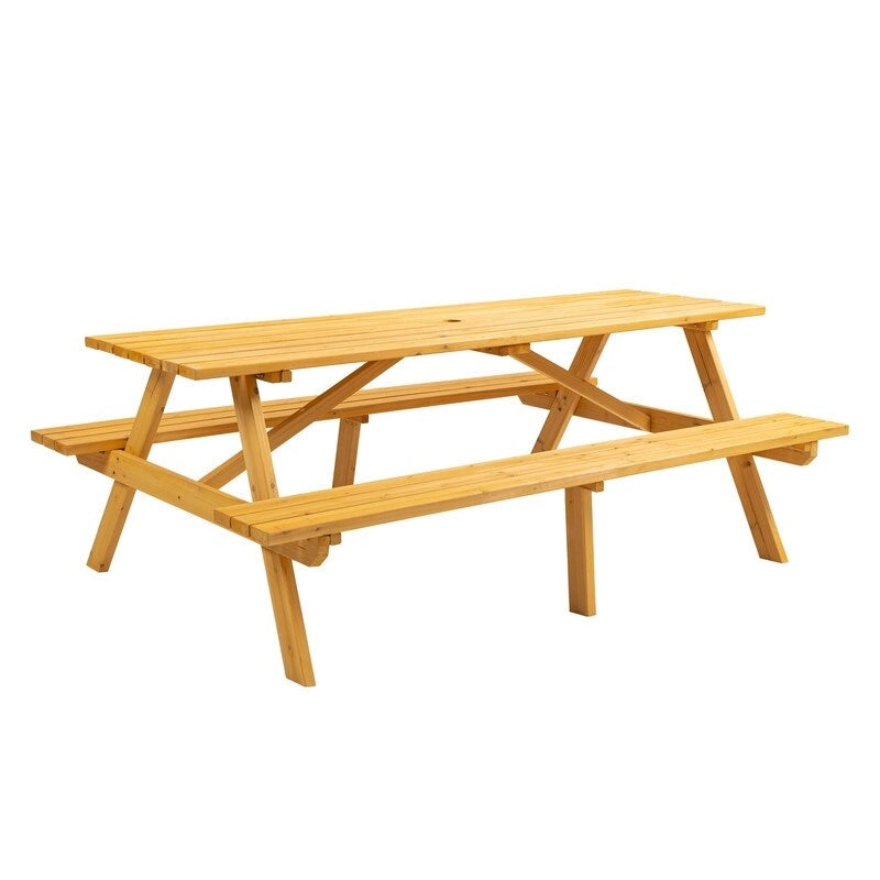 Table de pique-nique extérieure en bois pour 8 personnes avec bancs intégrés, table à manger de camping en plein air
