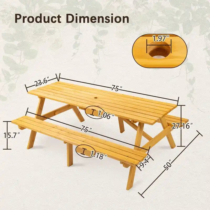 Table de pique-nique extérieure en bois pour 8 personnes avec bancs intégrés, table à manger de camping en plein air