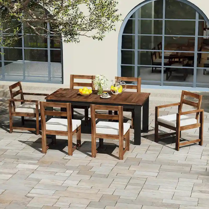 Ensemble de salle à manger d'extérieur 7 pièces en bois d'acacia, mobilier de patio résistant aux intempéries avec trou pour parasol, 2 fauteuils et 4 chaises.