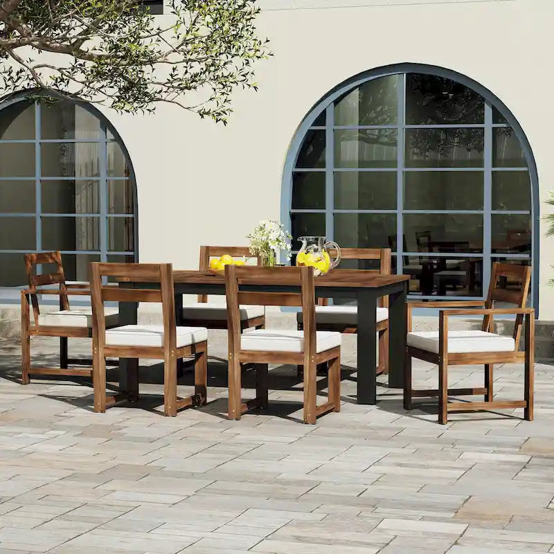 Ensemble de salle à manger d'extérieur 7 pièces en bois d'acacia, mobilier de patio résistant aux intempéries avec trou pour parasol, 2 fauteuils et 4 chaises.