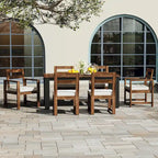 Ensemble de salle à manger d'extérieur 7 pièces en bois d'acacia, mobilier de patio résistant aux intempéries avec trou pour parasol, 2 fauteuils et 4 chaises.