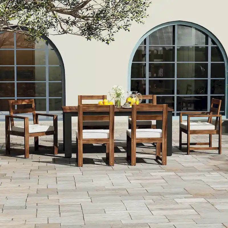 Ensemble de salle à manger d'extérieur 7 pièces en bois d'acacia, mobilier de patio résistant aux intempéries avec trou pour parasol, 2 fauteuils et 4 chaises.