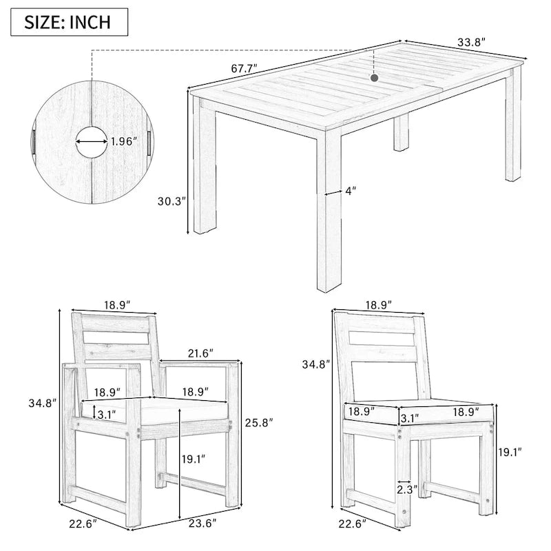 Ensemble de salle à manger d'extérieur 7 pièces en bois d'acacia, mobilier de patio résistant aux intempéries avec trou pour parasol, 2 fauteuils et 4 chaises.