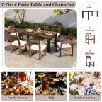 Ensemble de salle à manger d'extérieur 7 pièces en bois d'acacia, mobilier de patio résistant aux intempéries avec trou pour parasol, 2 fauteuils et 4 chaises.