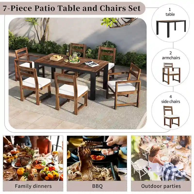 Ensemble de salle à manger d'extérieur 7 pièces en bois d'acacia, mobilier de patio résistant aux intempéries avec trou pour parasol, 2 fauteuils et 4 chaises.