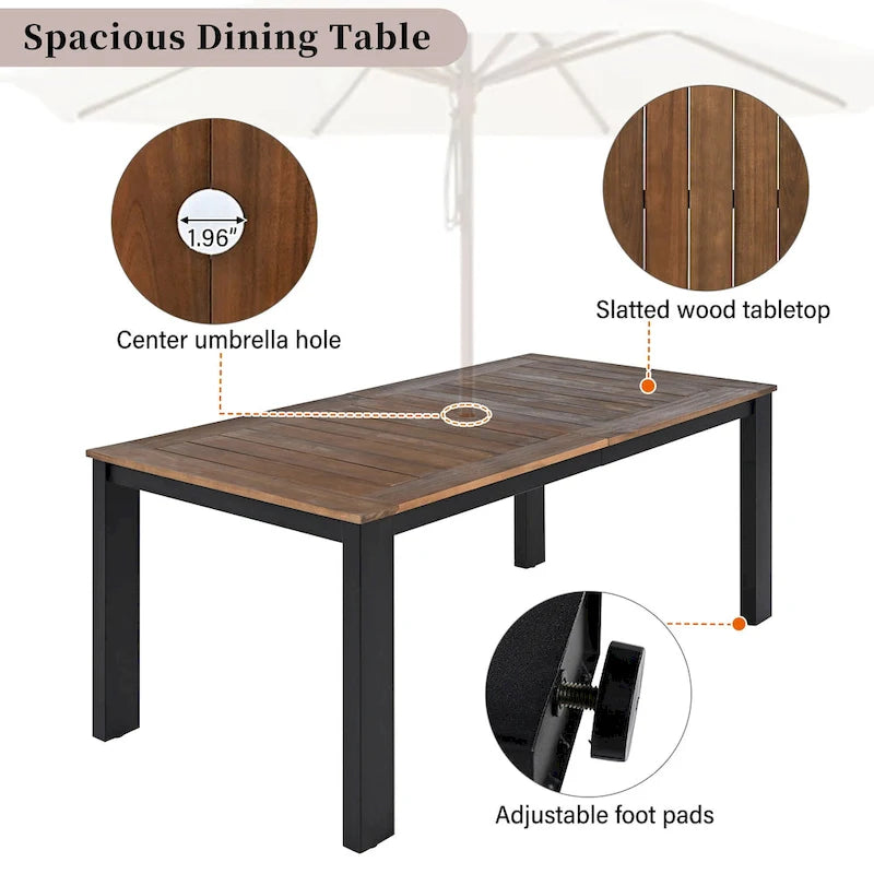 Ensemble de salle à manger d'extérieur 7 pièces en bois d'acacia, mobilier de patio résistant aux intempéries avec trou pour parasol, 2 fauteuils et 4 chaises.