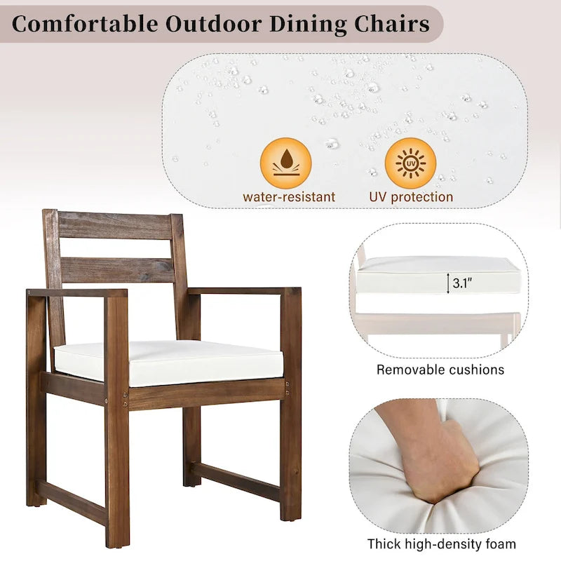 Ensemble de salle à manger d'extérieur 7 pièces en bois d'acacia, mobilier de patio résistant aux intempéries avec trou pour parasol, 2 fauteuils et 4 chaises.