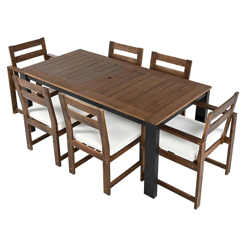 Ensemble de salle à manger d'extérieur 7 pièces en bois d'acacia, mobilier de patio résistant aux intempéries avec trou pour parasol, 2 fauteuils et 4 chaises.