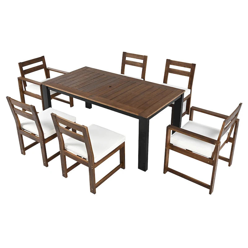 Ensemble de salle à manger d'extérieur 7 pièces en bois d'acacia, mobilier de patio résistant aux intempéries avec trou pour parasol, 2 fauteuils et 4 chaises.