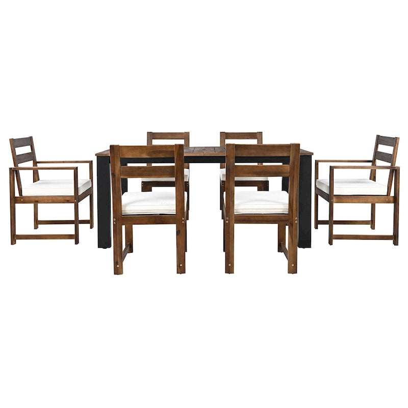 Ensemble de salle à manger d'extérieur 7 pièces en bois d'acacia, mobilier de patio résistant aux intempéries avec trou pour parasol, 2 fauteuils et 4 chaises.