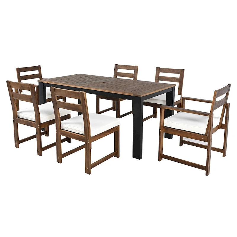 Ensemble de salle à manger d'extérieur 7 pièces en bois d'acacia, mobilier de patio résistant aux intempéries avec trou pour parasol, 2 fauteuils et 4 chaises.