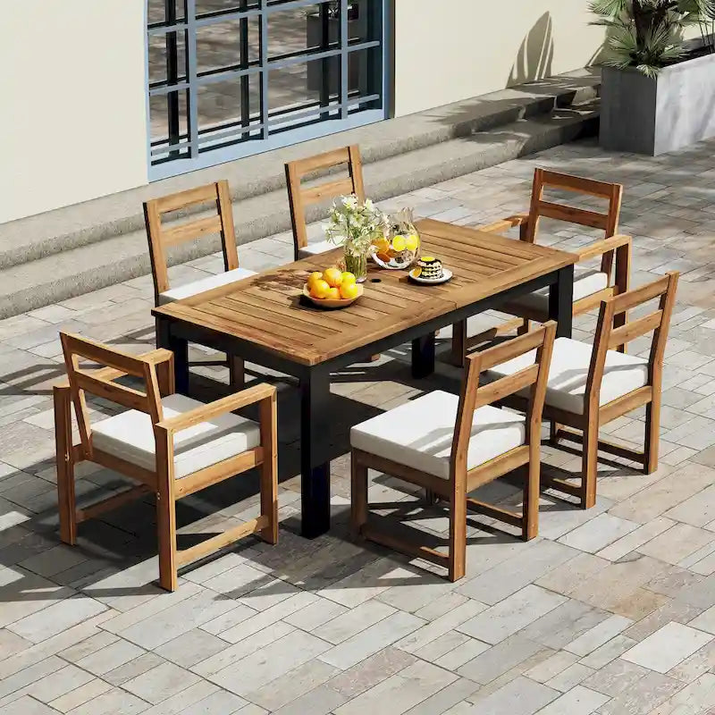 Ensemble de salle à manger d'extérieur 7 pièces en bois d'acacia, mobilier de patio résistant aux intempéries avec trou pour parasol, 2 fauteuils et 4 chaises.