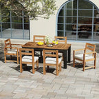Ensemble de salle à manger d'extérieur 7 pièces en bois d'acacia, mobilier de patio résistant aux intempéries avec trou pour parasol, 2 fauteuils et 4 chaises.
