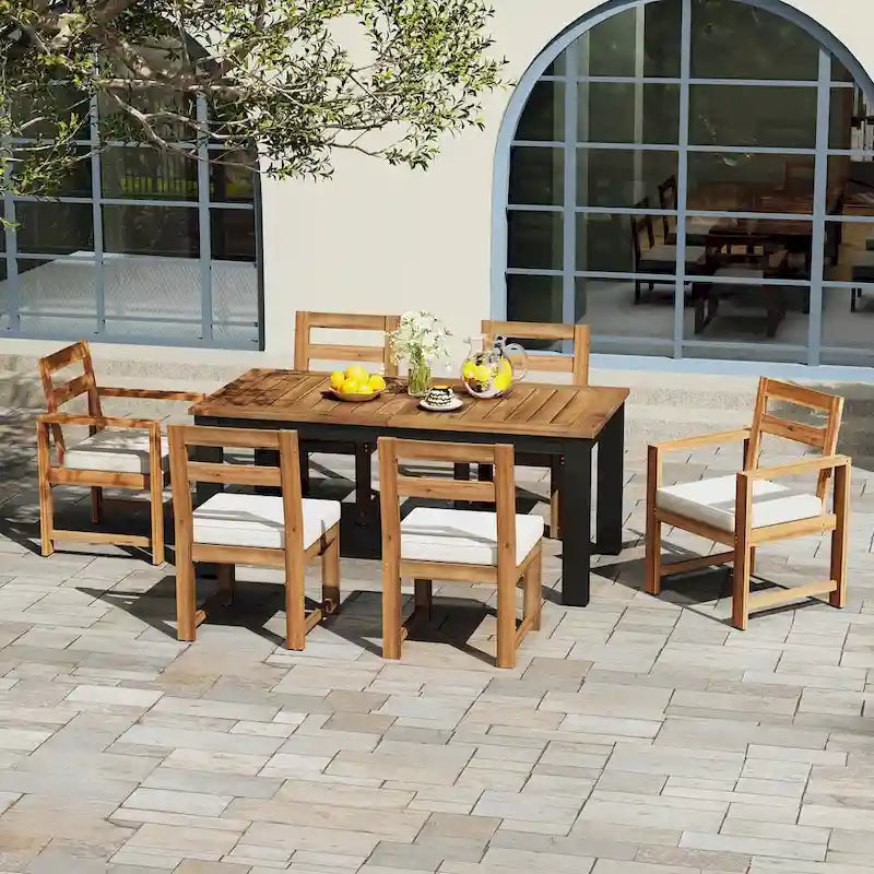 Ensemble de salle à manger d'extérieur 7 pièces en bois d'acacia, mobilier de patio résistant aux intempéries avec trou pour parasol, 2 fauteuils et 4 chaises.