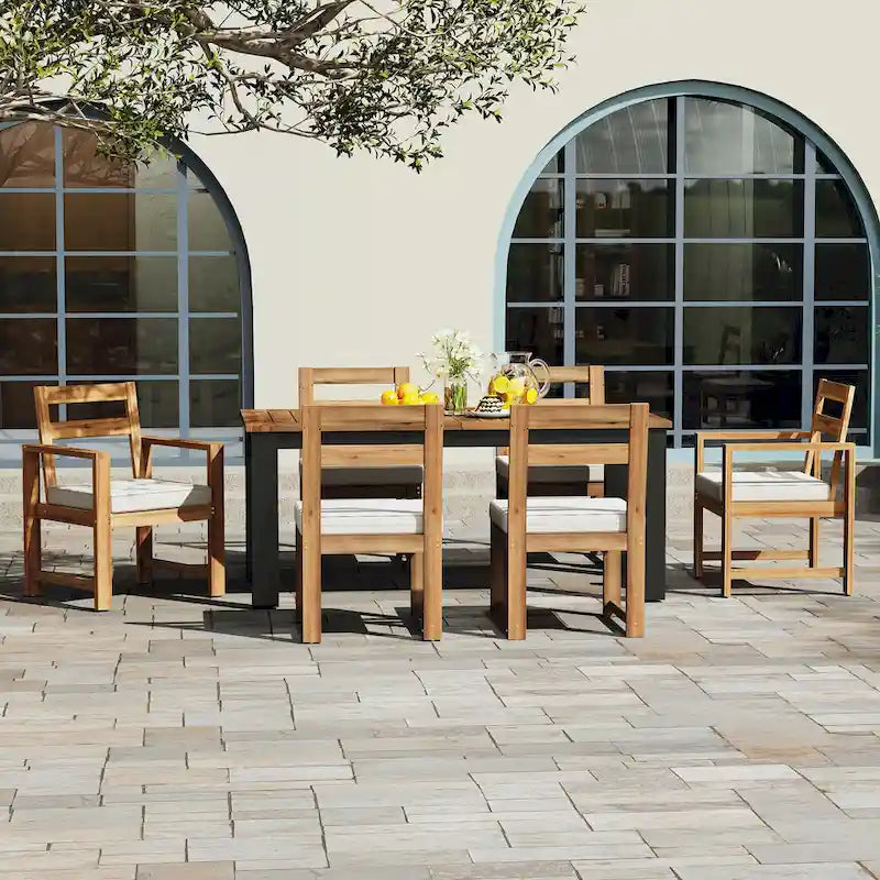 Ensemble de salle à manger d'extérieur 7 pièces en bois d'acacia, mobilier de patio résistant aux intempéries avec trou pour parasol, 2 fauteuils et 4 chaises.