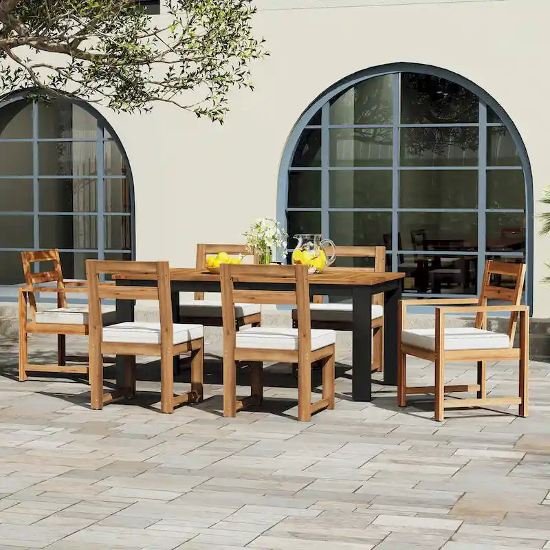Ensemble de salle à manger d'extérieur 7 pièces en bois d'acacia, mobilier de patio résistant aux intempéries avec trou pour parasol, 2 fauteuils et 4 chaises.