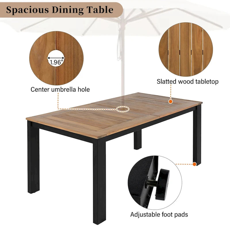 Ensemble de salle à manger d'extérieur 7 pièces en bois d'acacia, mobilier de patio résistant aux intempéries avec trou pour parasol, 2 fauteuils et 4 chaises.