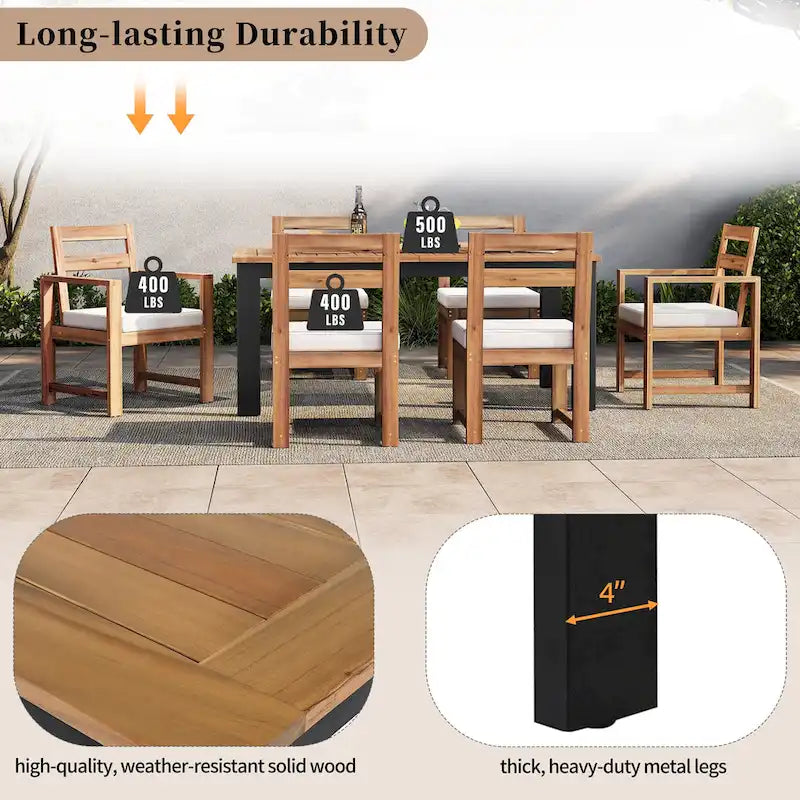 Ensemble de salle à manger d'extérieur 7 pièces en bois d'acacia, mobilier de patio résistant aux intempéries avec trou pour parasol, 2 fauteuils et 4 chaises.