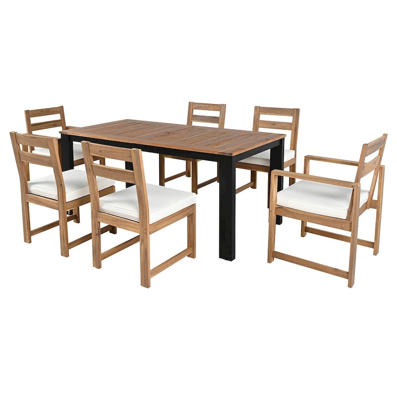 Ensemble de salle à manger d'extérieur 7 pièces en bois d'acacia, mobilier de patio résistant aux intempéries avec trou pour parasol, 2 fauteuils et 4 chaises.
