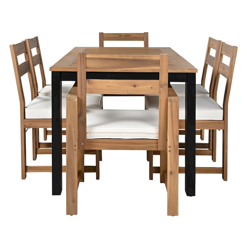 Ensemble de salle à manger d'extérieur 7 pièces en bois d'acacia, mobilier de patio résistant aux intempéries avec trou pour parasol, 2 fauteuils et 4 chaises.