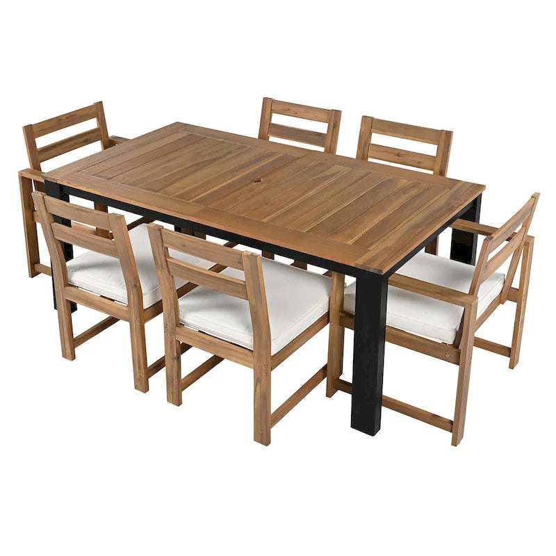 Ensemble de salle à manger d'extérieur 7 pièces en bois d'acacia, mobilier de patio résistant aux intempéries avec trou pour parasol, 2 fauteuils et 4 chaises.