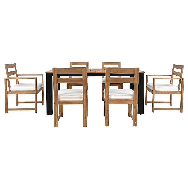 Ensemble de salle à manger d'extérieur 7 pièces en bois d'acacia, mobilier de patio résistant aux intempéries avec trou pour parasol, 2 fauteuils et 4 chaises.