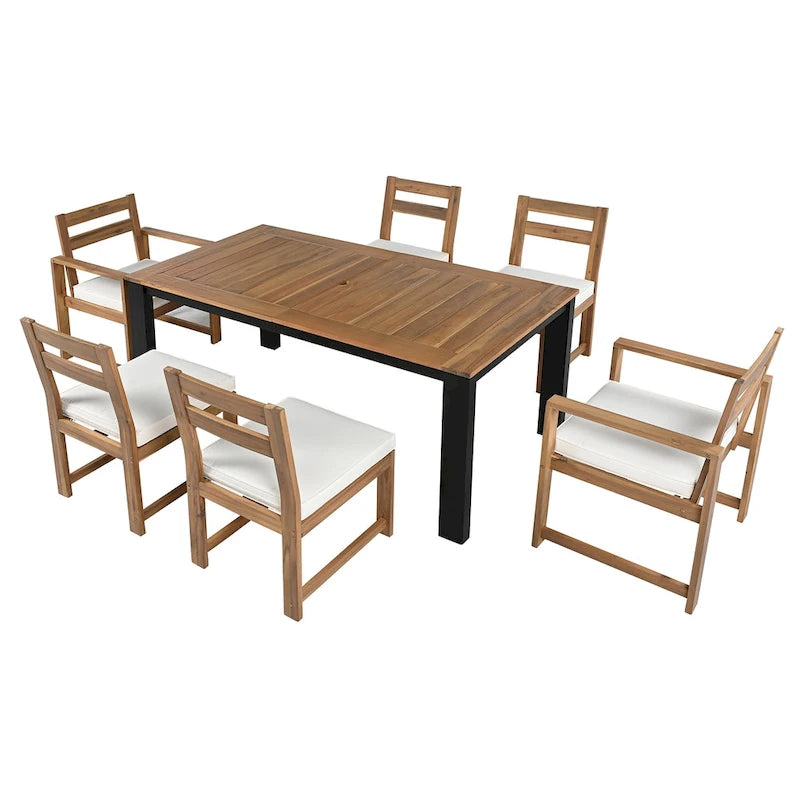Ensemble de salle à manger d'extérieur 7 pièces en bois d'acacia, mobilier de patio résistant aux intempéries avec trou pour parasol, 2 fauteuils et 4 chaises.
