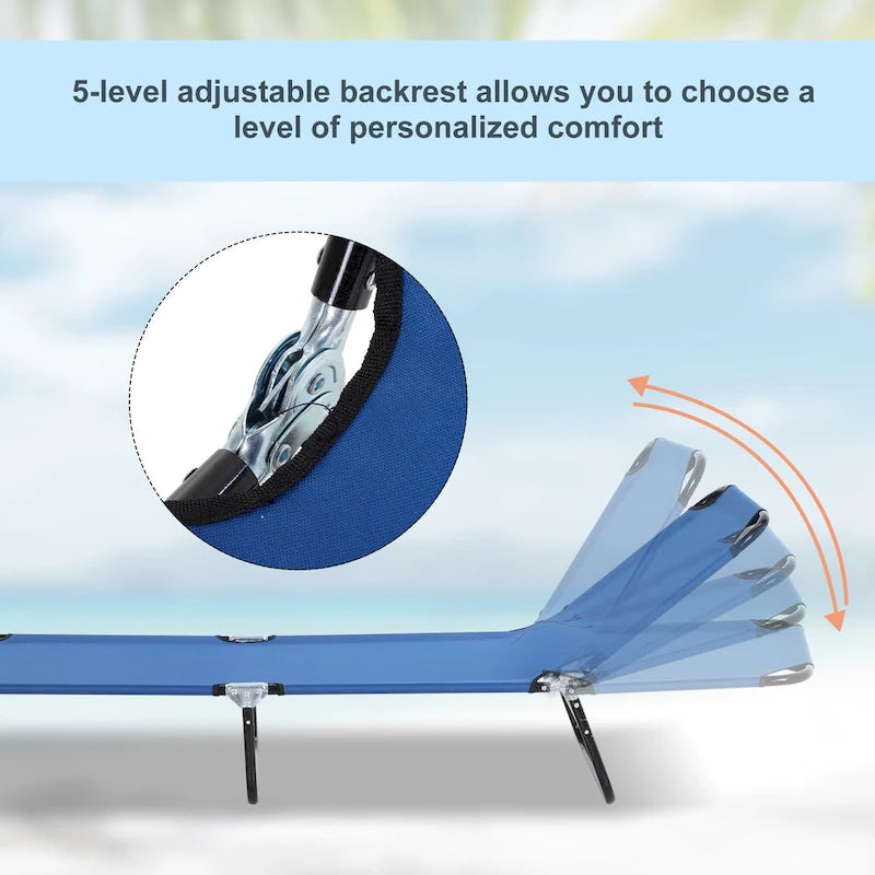 Chaise longue pliante d'extérieur avec dossier inclinable 5 positions, assise en tissu Oxford pour la plage, le jardin et la terrasse.