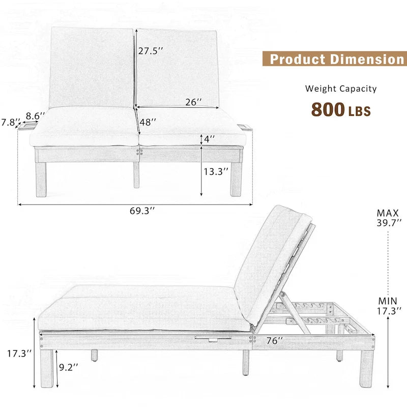 Chaise longue double d'extérieur avec dossier réglable en 5 positions